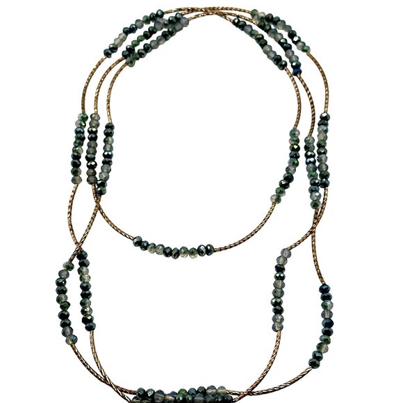 Sparkling Blue AB Bead Necklace Long Glass Gold Tone Curved Bars - Picture 5 of 8